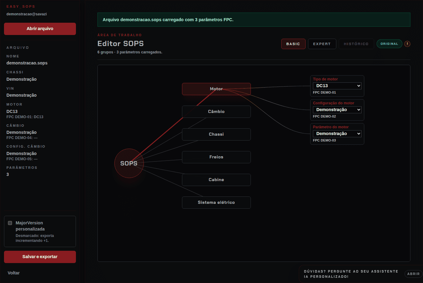 Interface do Easy SOPS no modo Basic: identificação do arquivo na lateral e mapa de grupos e parâmetros FPC.